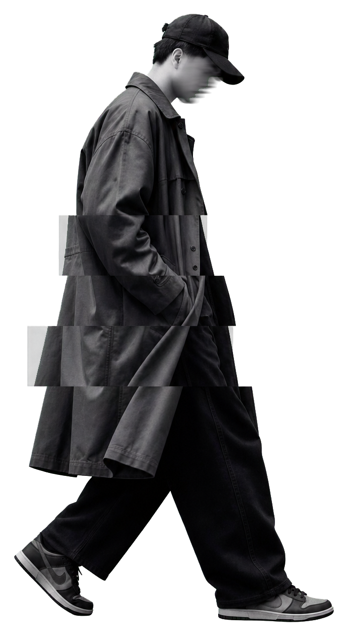 Monochrome editorial portrait of Jackson Owl walking in an oversized coat and cap, with a deliberately motion-blurred face and subtle slice effects